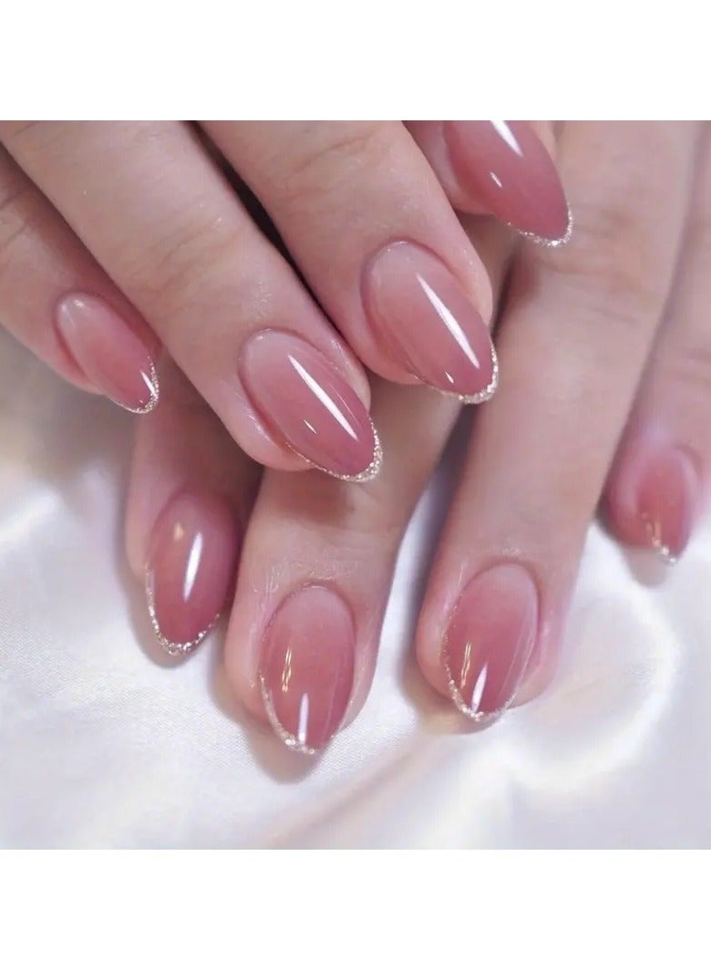 ORiTi 24pcs Glossy Medium Oval Fake Nails, Nude Pinkish Gradient Press On Nails With Glitter French Tip Design, Minimalist Style False Nails For Women Girls Daily Party Wear - Image 1