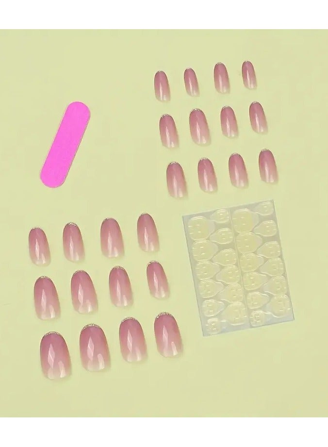 ORiTi 24pcs Glossy Medium Oval Fake Nails, Nude Pinkish Gradient Press On Nails With Glitter French Tip Design, Minimalist Style False Nails For Women Girls Daily Party Wear - Image 3