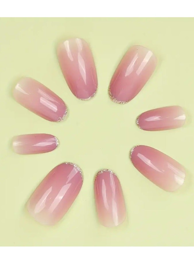 ORiTi 24pcs Glossy Medium Oval Fake Nails, Nude Pinkish Gradient Press On Nails With Glitter French Tip Design, Minimalist Style False Nails For Women Girls Daily Party Wear - Image 4