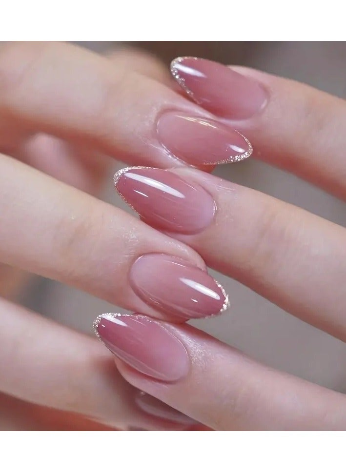 ORiTi 24pcs Glossy Medium Oval Fake Nails, Nude Pinkish Gradient Press On Nails With Glitter French Tip Design, Minimalist Style False Nails For Women Girls Daily Party Wear - Image 5