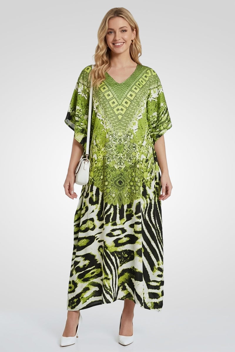 Willow & Whistle Women Graphic Print Kaftan Maxi Dress, Olive - Image 1