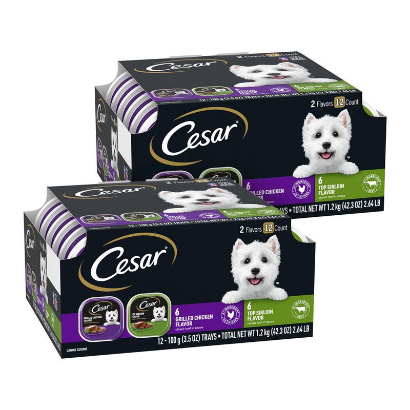 Cesar Wet Dog Food Classic Loaf in Sauce, Grilled Chicken Flavor and Top Sirloin Flavor, 3.5 oz. Easy Peel Trays, Variety Pack, 12 Count (Pack of 2) - Image 1