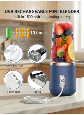 خلاط محمول - خلاط Smoothie مع كأس وفرشة كأس ، خلاط صغير ، عالية السرعة 6 شفرات للمكتب ، المنزل ، السفر ، خلاط الأغذية ، 400 مل (أزرق) - view 4