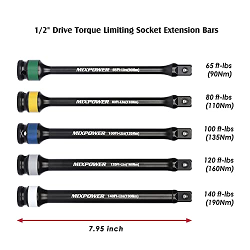 MIXPOWER 5 Piece 1/2" Drive Torque Limiting Socket Extension Bars, CR-MO, 8 Inch Long, Impact Grade Bars -Color Coded for Easy Identification, 65 to 140 Ft-Lbs, Impact Torque Limiter Set - Image 3