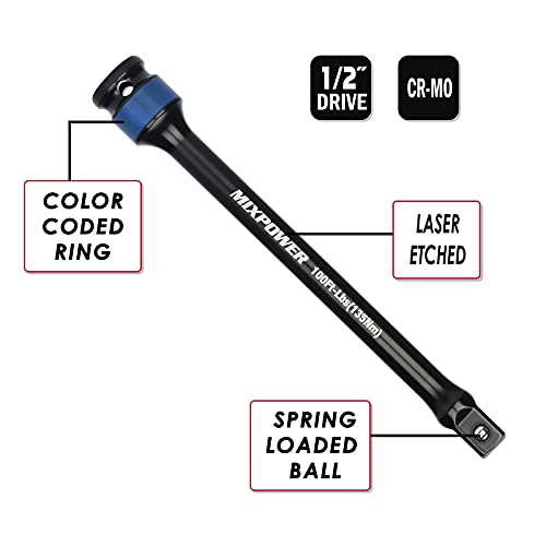 MIXPOWER 5 Piece 1/2" Drive Torque Limiting Socket Extension Bars, CR-MO, 8 Inch Long, Impact Grade Bars -Color Coded for Easy Identification, 65 to 140 Ft-Lbs, Impact Torque Limiter Set - Image 5