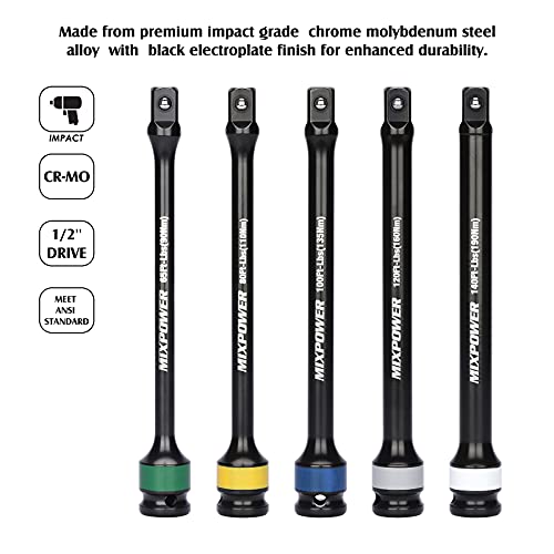 MIXPOWER 5 Piece 1/2" Drive Torque Limiting Socket Extension Bars, CR-MO, 8 Inch Long, Impact Grade Bars -Color Coded for Easy Identification, 65 to 140 Ft-Lbs, Impact Torque Limiter Set - Image 4