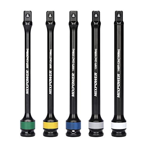 MIXPOWER 5 Piece 1/2" Drive Torque Limiting Socket Extension Bars, CR-MO, 8 Inch Long, Impact Grade Bars -Color Coded for Easy Identification, 65 to 140 Ft-Lbs, Impact Torque Limiter Set - Image 2