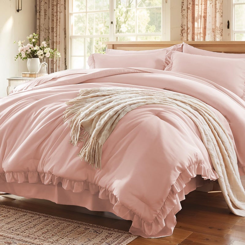 Anluoer Full Comforter Set 7 Piece, Pink Bed in a Bag with Shams, All Season Ruffle Shabby Chic Bedding Sets with 1 Comforter, 2 Pillow Shams, 2 Pillowcases, 1 Flat Sheet - Image 3