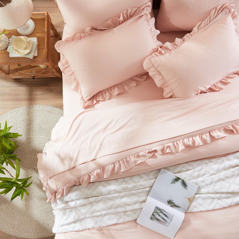 Anluoer Full Comforter Set 7 Piece, Pink Bed in a Bag with Shams, All Season Ruffle Shabby Chic Bedding Sets with 1 Comforter, 2 Pillow Shams, 2 Pillowcases, 1 Flat Sheet - Image 1