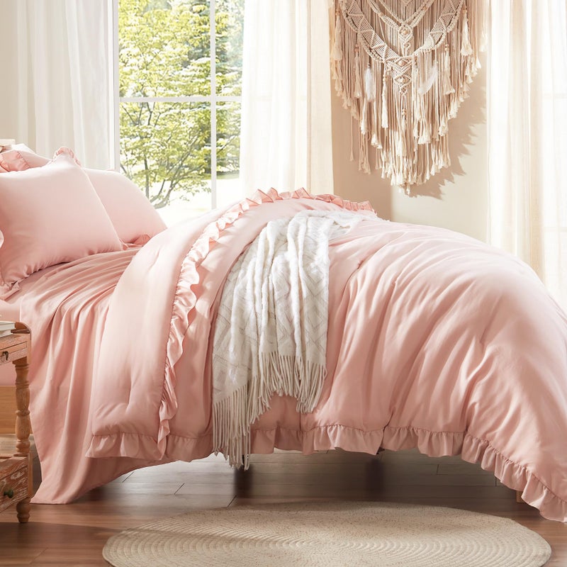 Anluoer Full Comforter Set 7 Piece, Pink Bed in a Bag with Shams, All Season Ruffle Shabby Chic Bedding Sets with 1 Comforter, 2 Pillow Shams, 2 Pillowcases, 1 Flat Sheet - Image 4