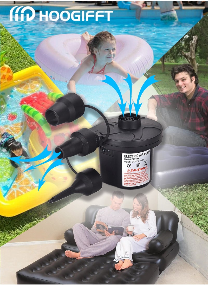 HOOGIFFT - Air Pump，Electric Air Mattress Pump，Air Pump With 3 Air Nozzles,Electric Air Mattress Portable Camping Pump 2 In 1 Quick Inflate Deflate,Quick-Fill Portable Air Pump，Perfect Inflator/Deflator Pumps for Outdoor Camping, Inflatable Cushions, Air Mattress Beds, Boats - Image 1