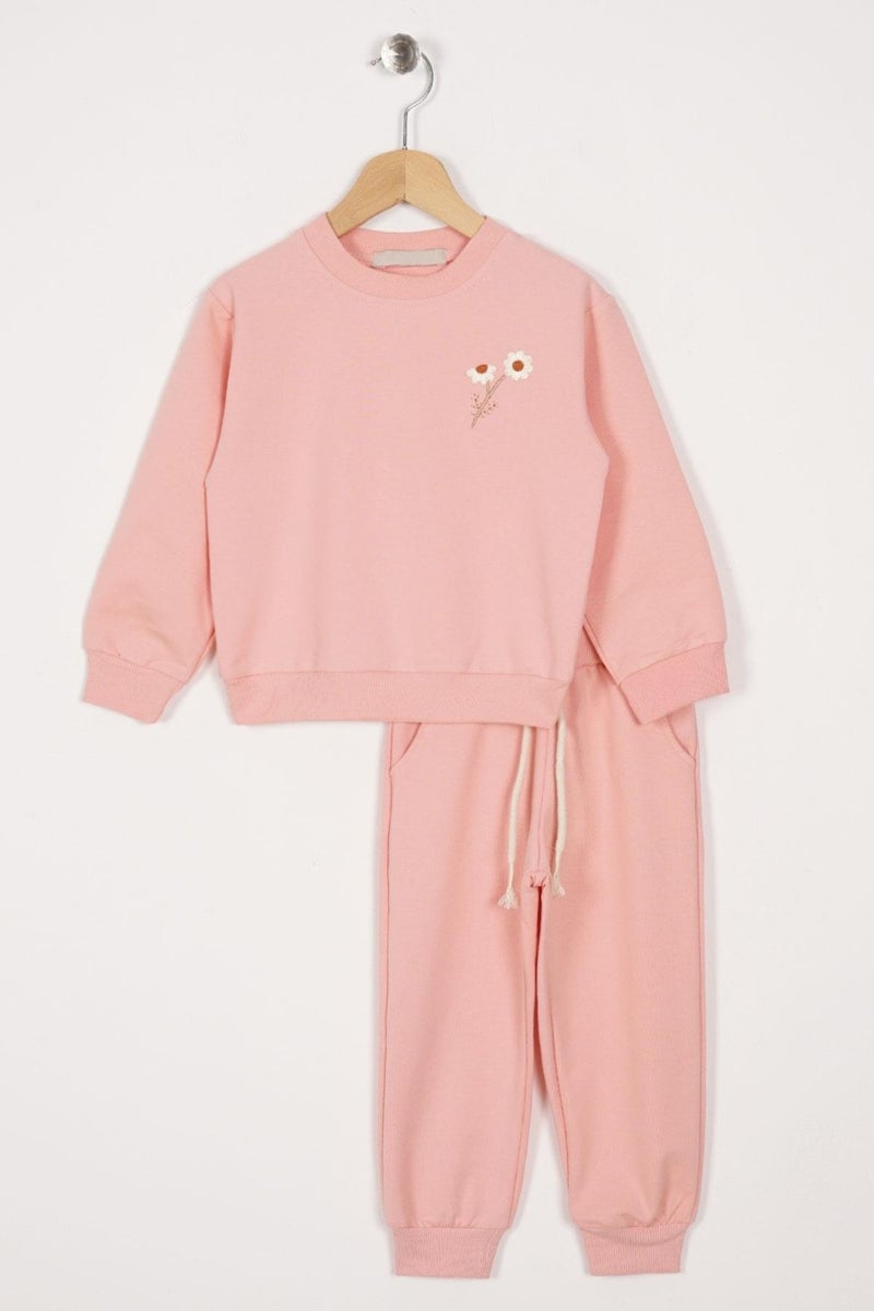 Acar Crew Neck Long Sleeve Daisy Embroidered Powder Color Girls Tracksuit - Image 2