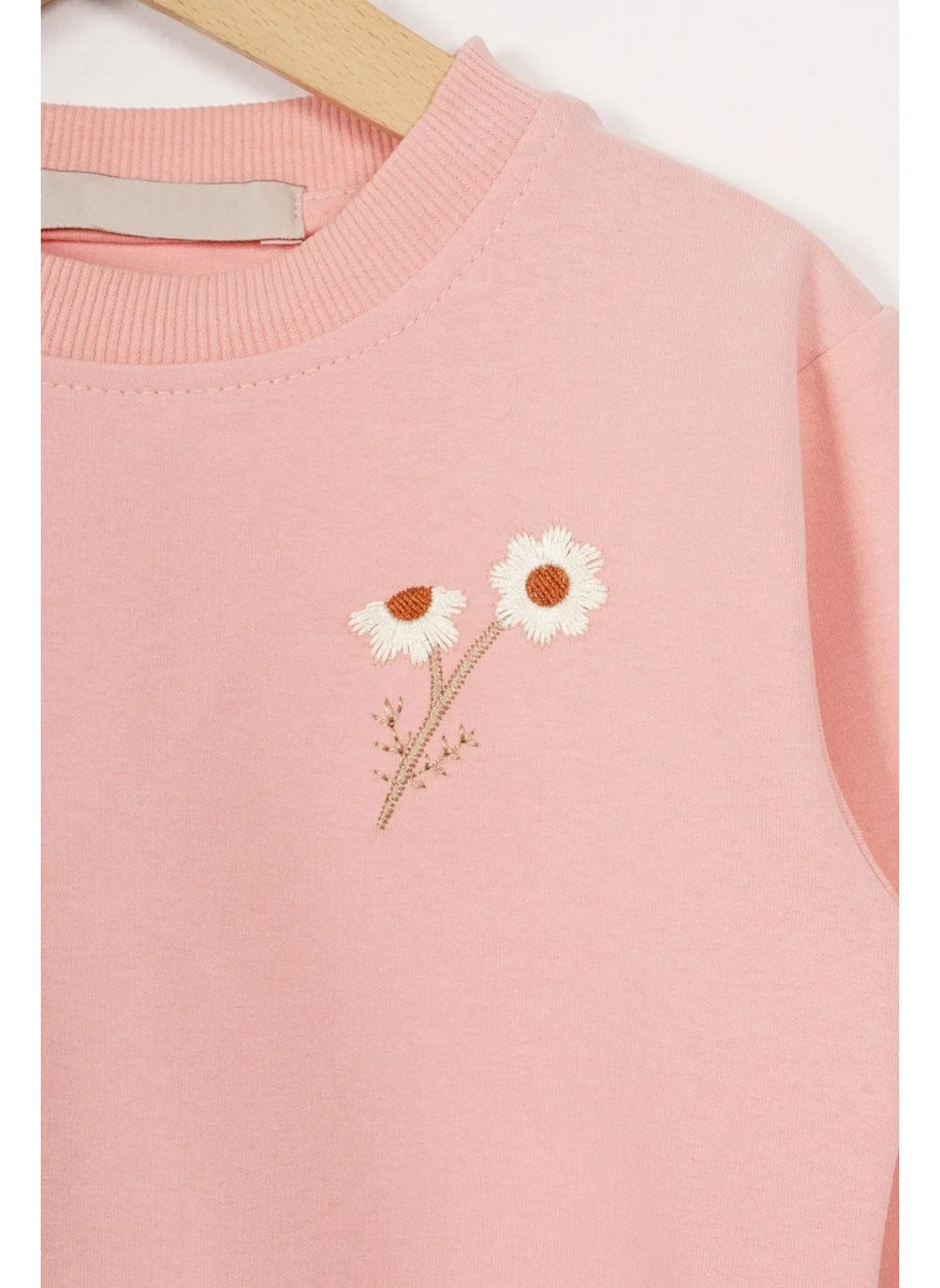 أكار Crew Neck Long Sleeve Daisy Embroidered Powder Color Girls Tracksuit