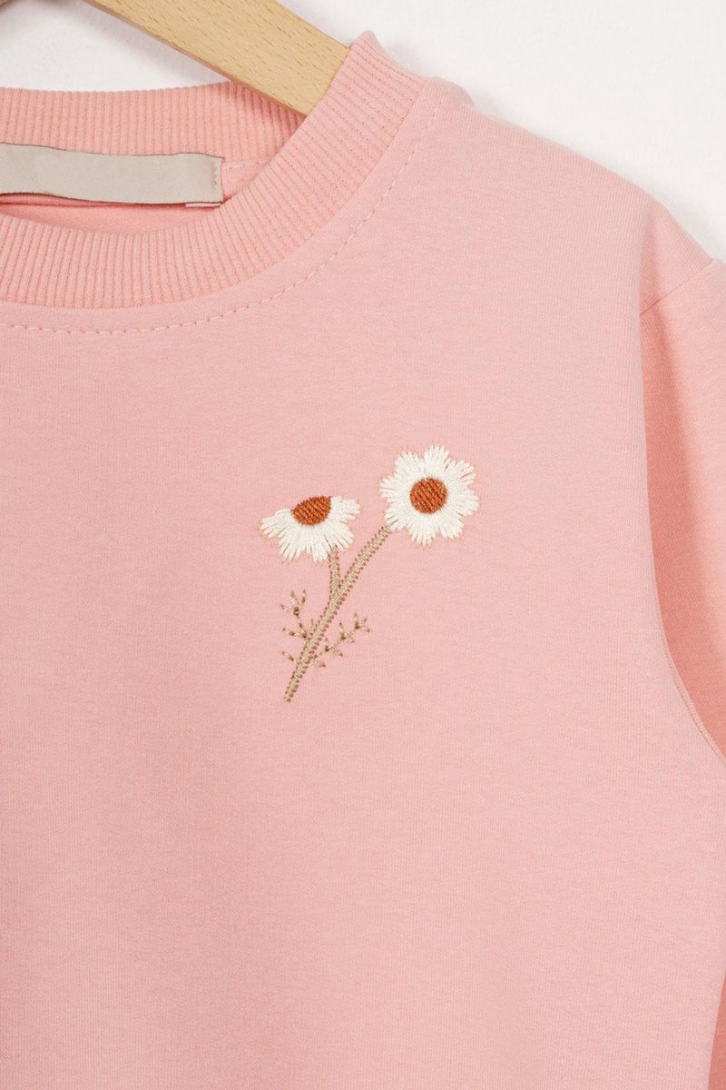 Acar Crew Neck Long Sleeve Daisy Embroidered Powder Color Girls Tracksuit - Image 3