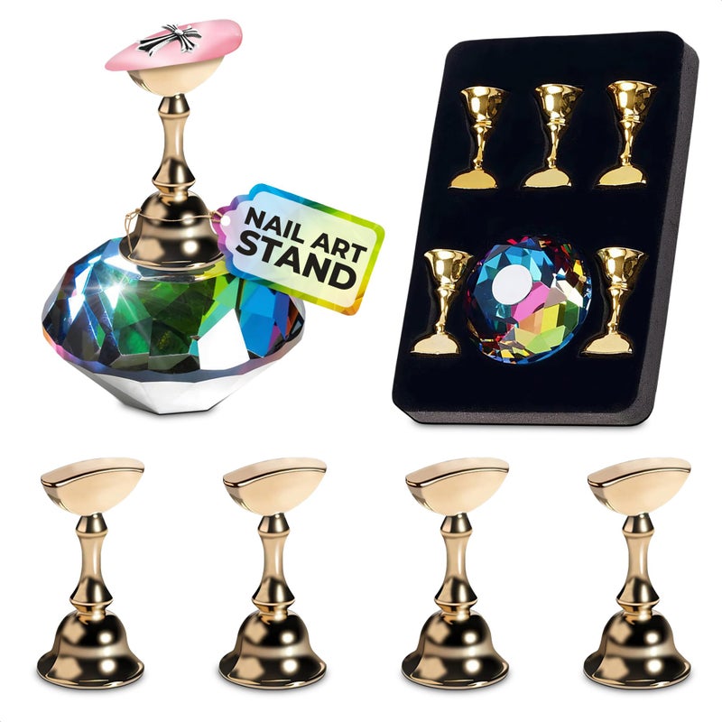 ZOKLU Nail Art Practice Stands, Magnetic Nail Tips Holders Fingernail Display Stands with 5 Pieces Alloy Practice Stand and One Crystal Base for DIY Nail Art Practicing Manicure tools - Image 1
