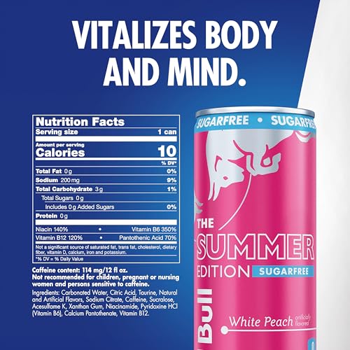 Red Bull Sugar-Free White Peach Summer Edition Energy Drink, with 114mg Caffeine plus Taurine & B Vitamins, 12 Fl Oz, 6 Packs of 4 Cans (Pack of 24) - Image 2