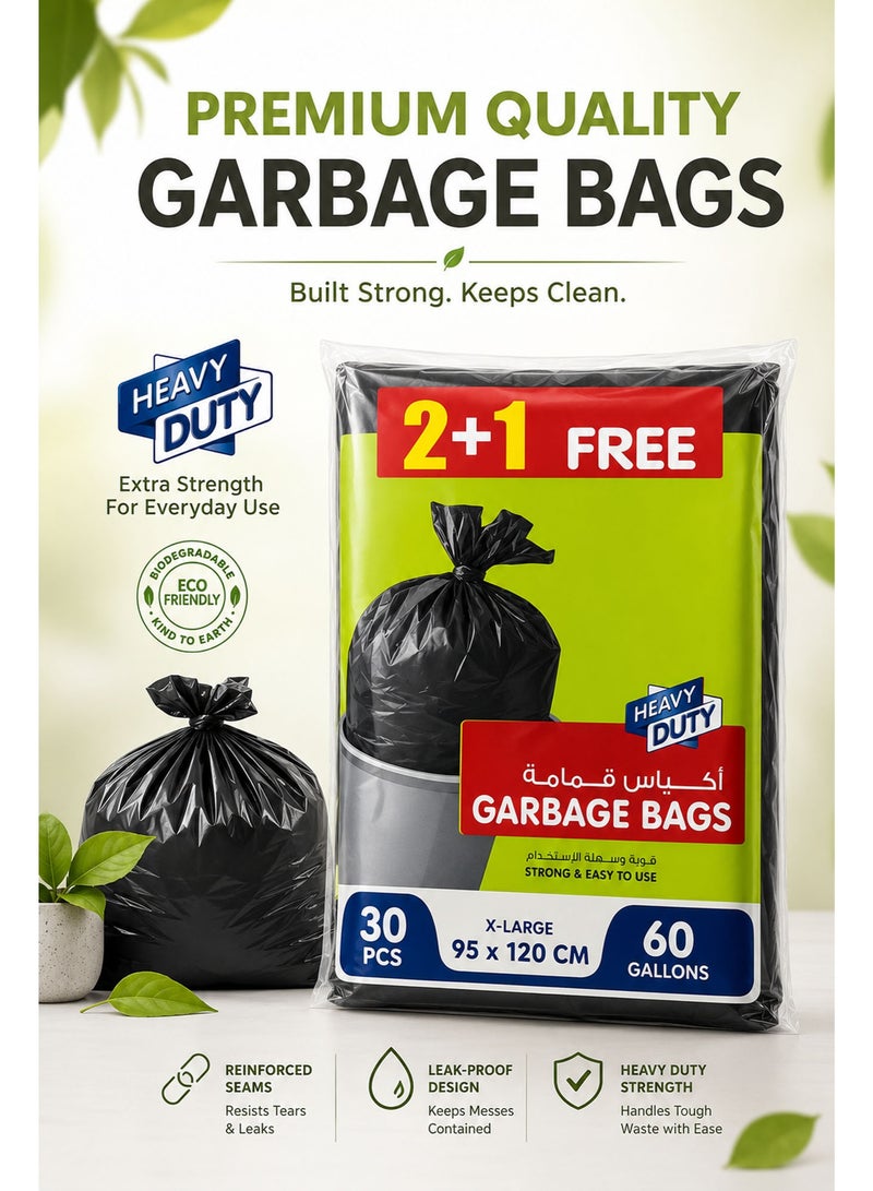 X-Large Garbage Bags 60 Gallon, 30 Pieces, 95 × 120cm Heavy Duty Biodegradable Black Trash Bags, Strong Flat Bin Liners for Home, Office, Commercial & Outdoor Waste Disposal - Image 3