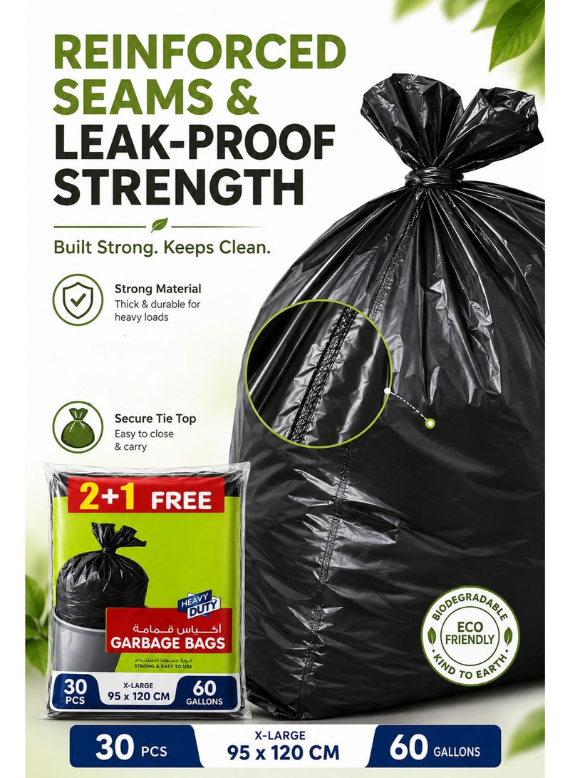 X-Large Garbage Bags 60 Gallon, 30 Pieces, 95 × 120cm Heavy Duty Biodegradable Black Trash Bags, Strong Flat Bin Liners for Home, Office, Commercial & Outdoor Waste Disposal - Image 2