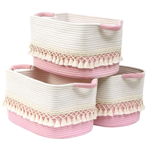 Degeyoyo 3 Pack Storage Basket for Shelves Boho Cotton Rope Storage Bins with Heavy Tassel Shelf Baskets Large Woven Baskets for Organizing Cube Organizer Bins Baby Laundry Basket for Clothes Toys Pets - Image 1