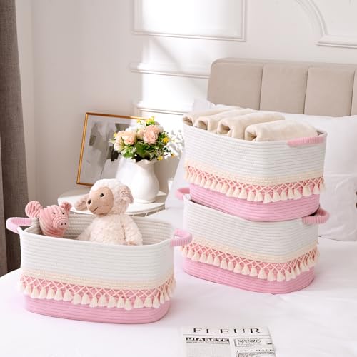 Degeyoyo 3 Pack Storage Basket for Shelves Boho Cotton Rope Storage Bins with Heavy Tassel Shelf Baskets Large Woven Baskets for Organizing Cube Organizer Bins Baby Laundry Basket for Clothes Toys Pets - Image 3