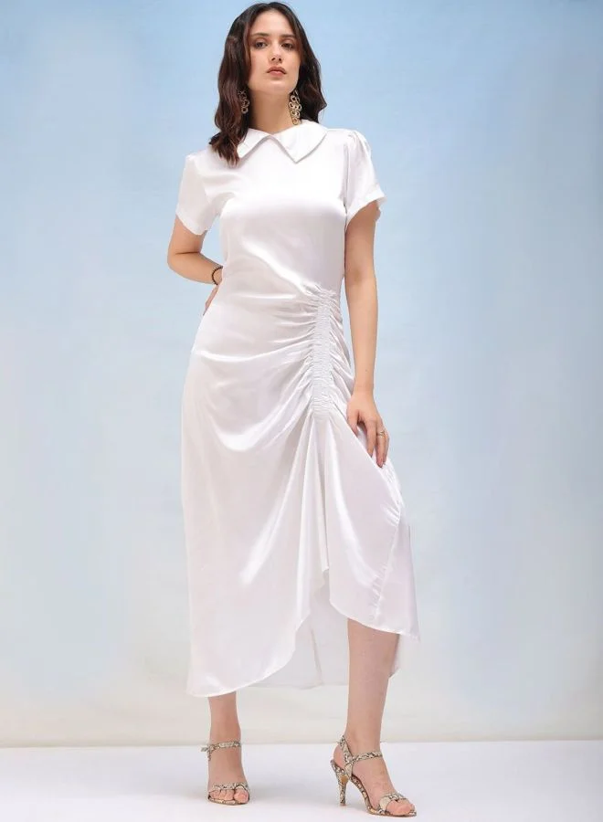 Women Straight Fit Solid Round Neck Short Sleeve Asymmetric Dress
