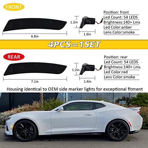 Bestview Smoked LED Side Marker Lights for Chevy Camaro 2016 2017 2018 2019 2020 2021, 2014-up Cadillac CTS, 2015-up Cadillac ATS, 6th Gen Camaro Front Rear Bumper Side markers,Amber&Red，4 PCS - Image 5