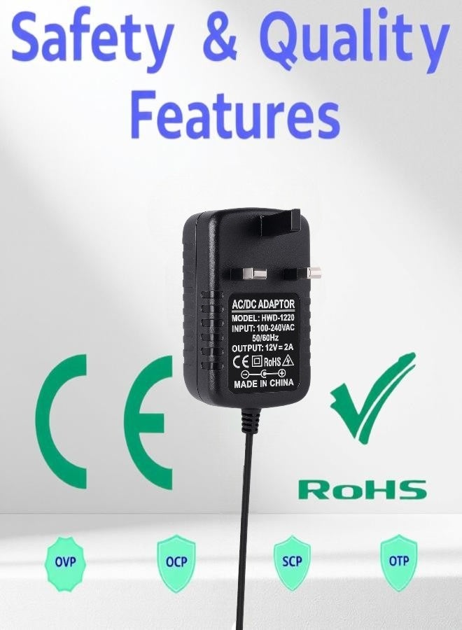 دائرة خضراء محول طاقة ١٢ فولت ٢ أمبير، قابس المملكة المتحدة، شاحن ١٠٠-٢٤٠ فولت تيار متردد إلى ١٢ فولت تيار مستمر ٢٤ واط، موصل أسطواني ٥.٥×٢.٥ مم، طرف موجب في المنتصف، كابل بطول متر واحد لكاميرات المراقبة CCTV، وشرائط LED، وأجهزة التوجيه، والشاشات - Image 5