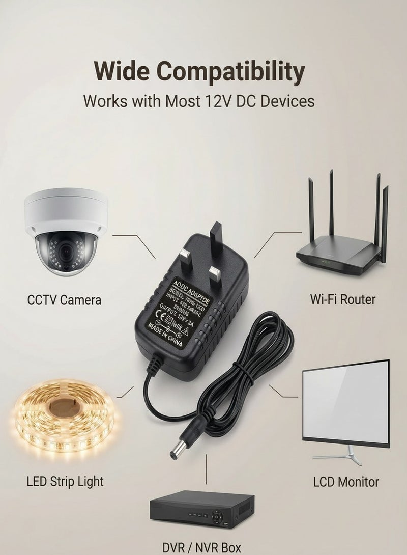دائرة خضراء محول طاقة ١٢ فولت ٢ أمبير، قابس المملكة المتحدة، شاحن ١٠٠-٢٤٠ فولت تيار متردد إلى ١٢ فولت تيار مستمر ٢٤ واط، موصل أسطواني ٥.٥×٢.٥ مم، طرف موجب في المنتصف، كابل بطول متر واحد لكاميرات المراقبة CCTV، وشرائط LED، وأجهزة التوجيه، والشاشات - Image 2
