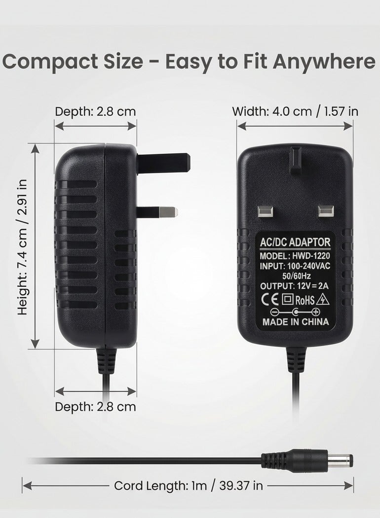 دائرة خضراء محول طاقة ١٢ فولت ٢ أمبير، قابس المملكة المتحدة، شاحن ١٠٠-٢٤٠ فولت تيار متردد إلى ١٢ فولت تيار مستمر ٢٤ واط، موصل أسطواني ٥.٥×٢.٥ مم، طرف موجب في المنتصف، كابل بطول متر واحد لكاميرات المراقبة CCTV، وشرائط LED، وأجهزة التوجيه، والشاشات - Image 4