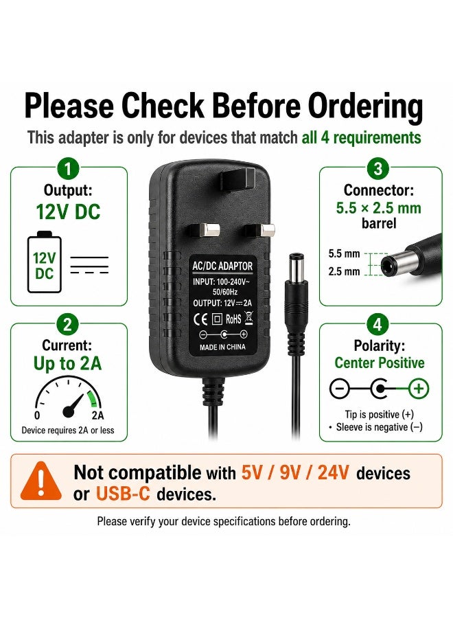 Circuit Green 12V 2A Power Adapter UK Plug, 100–240V AC to 12V DC 24W Charger, 5.5×2.5mm Barrel Connector, Center Positive, 1m Cable for CCTV Security Cameras, LED Strips, Routers & Monitors - Image 2
