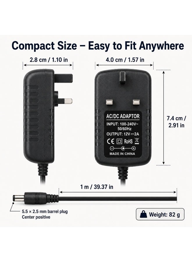 Circuit Green 12V 2A Power Adapter UK Plug, 100–240V AC to 12V DC 24W Charger, 5.5×2.5mm Barrel Connector, Center Positive, 1m Cable for CCTV Security Cameras, LED Strips, Routers & Monitors - Image 5