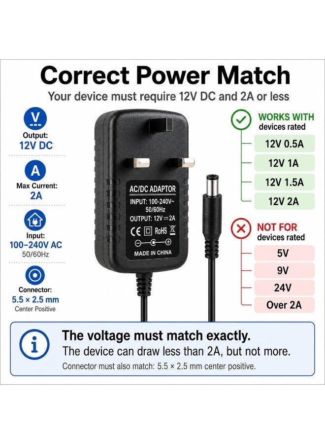 Circuit Green 12V 2A Power Adapter UK Plug, 100–240V AC to 12V DC 24W Charger, 5.5×2.5mm Barrel Connector, Center Positive, 1m Cable for CCTV Security Cameras, LED Strips, Routers & Monitors - Image 4