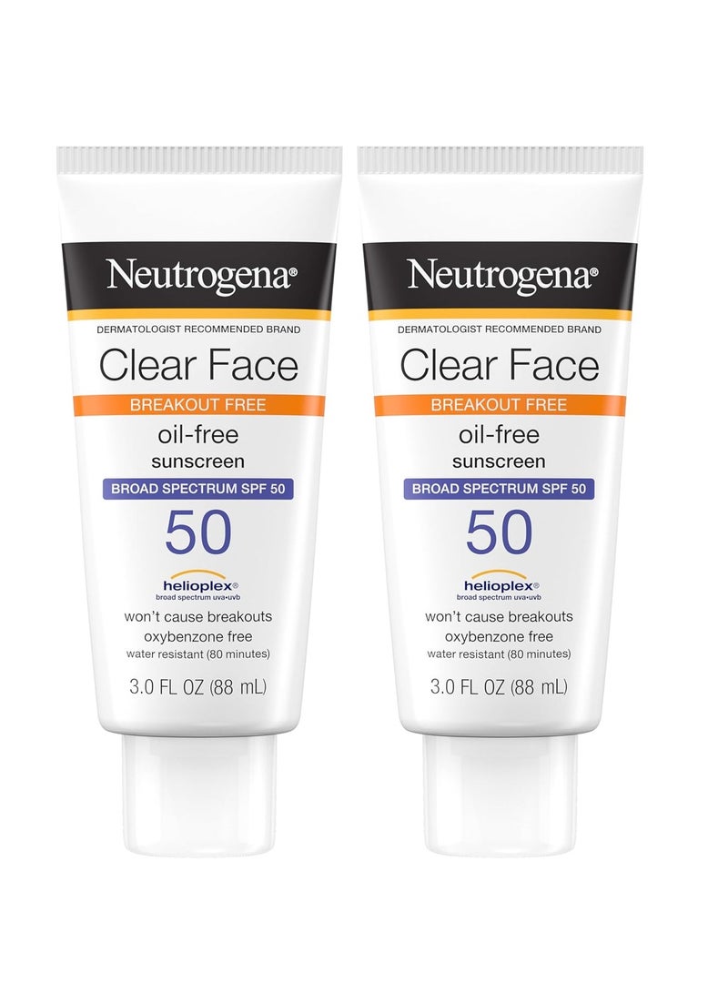 Neutrogena Clear Face Sunscreen Lotion for Acne-Prone Skin, Broad Spectrum SPF 50 Facial Sunscreen for Oily Skin, Oil-, Fragrance- & Oxybenzone-Free Water Resistant Sunscreen, Twin Pack, 2 x 3 fl. Oz 3 fl. oz. (Pack of 2)Fluid Ounce - Image 1