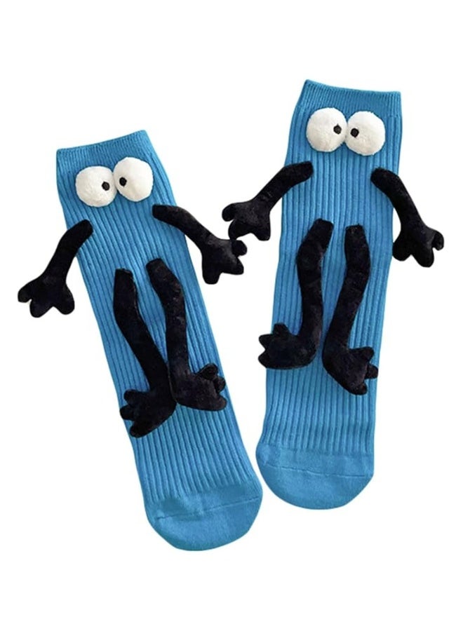 Fuzzy Socks with Grips, Couple Holding Hands Socks, 3D Doll Couple Sock, Unisex Holding Hands Sock, Magnetic Socks, Mid-Tube Socks, Matching Couple Socks, Funny Gift, Hand In Hand Socks (Blue, 30CM) - Image 1
