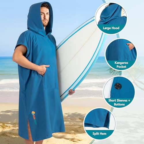 Suncube SUN CUBE Surf Poncho Changing Robe with Hood Quick Dry Microfiber Wetsuit Changing Towel for Surfing Beach Swim Outdoor Sports Men Absorbent Wearable Towel Cover Up with Pocket Turquoise Sea Blue - Image 3