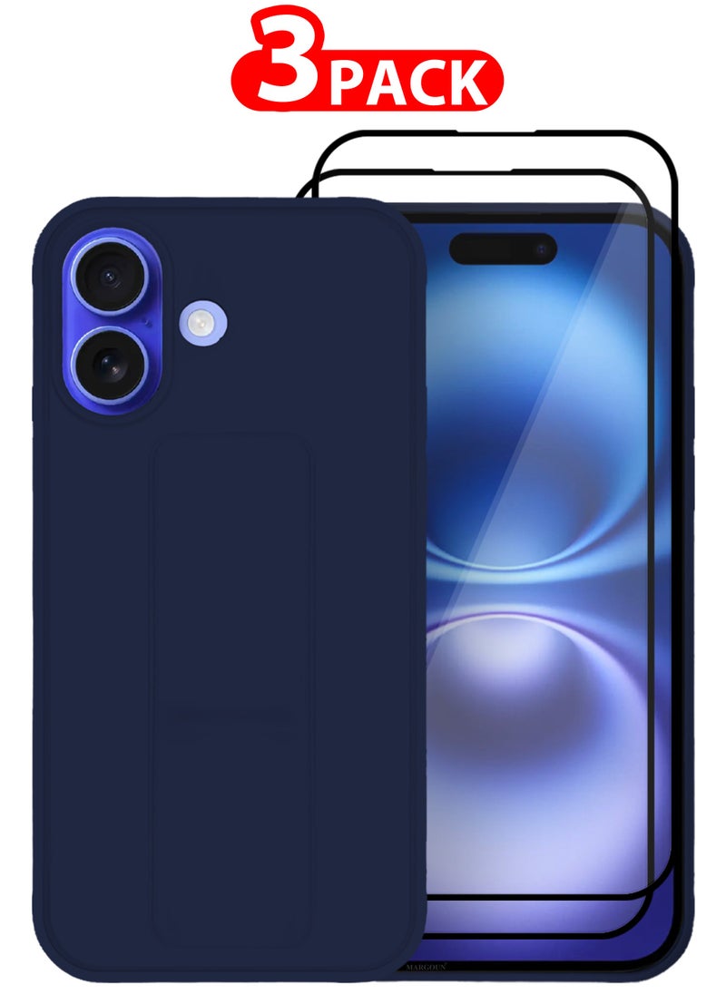 CATANES - (for Apple iPhone 16 Plus) 3Packs (1Case, 2Screen Protectors), Case  PU Leather Back Cover Stand Function Finger Grip Case Cover with Shock Proof Screen Protector / Dark Blue - Image 1