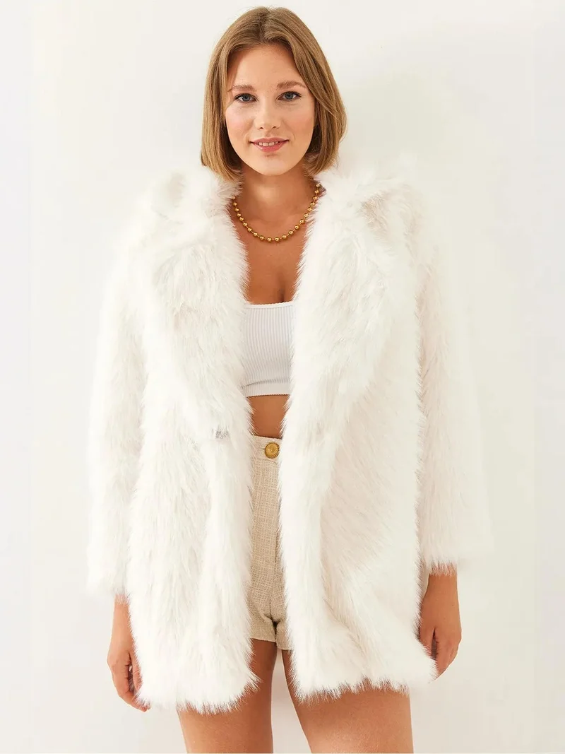 Bianco Lucci Ivory Natural LUCCI Faux Fur Coat for Women | Best Price UAE