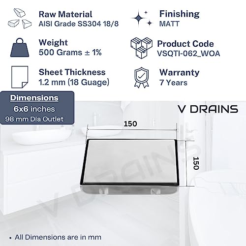 V Drains 6x6 inches Tile Marble Insert Floor Drain in Grade Stainless Steel SS 304 (150 x150mm) Without Cockroach Trap for Bathroom/Balcony/Terrace/Floor (6x6 inch (Without Anti-Cockroach Trapper)) - Image 2