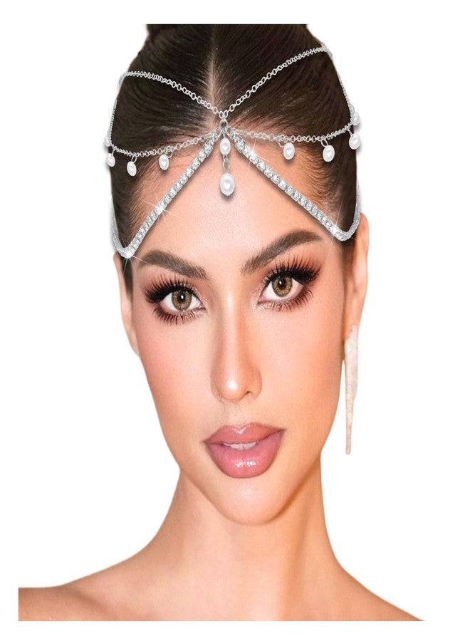 بيليشيا بيليسيا، قطعة واحدة من سلسلة رأس فضية فاخرة مرصعة بأحجار الراين وشرابة لؤلؤية، متعددة الطبقات، تُزين جبين النساء والفتيات، وتُضفي لمسة جمالية على إطلالة العروس في حفلات الزفاف والمناسبات الخاصة. - Image 1