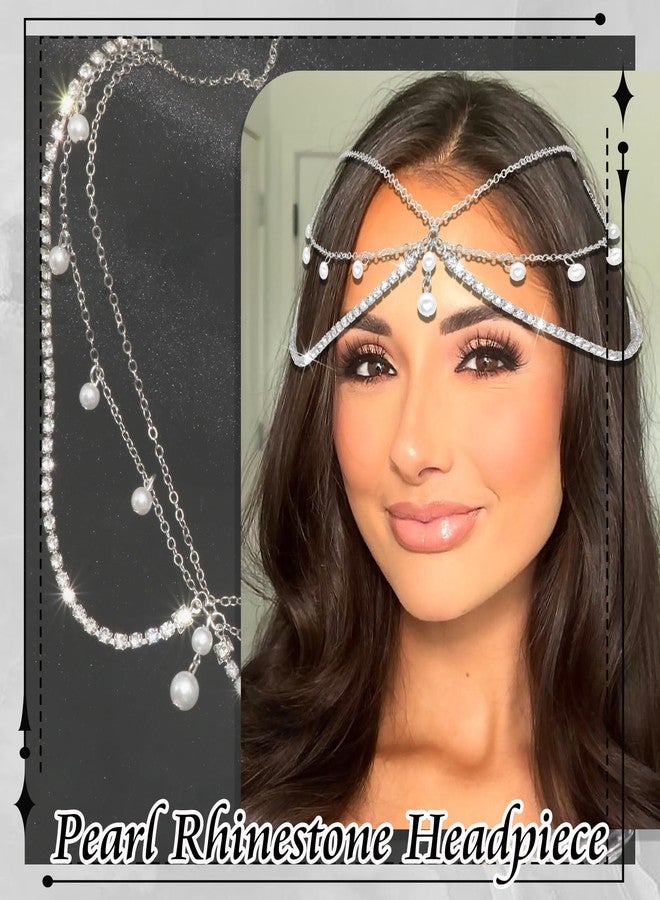 بيليشيا بيليسيا، قطعة واحدة من سلسلة رأس فضية فاخرة مرصعة بأحجار الراين وشرابة لؤلؤية، متعددة الطبقات، تُزين جبين النساء والفتيات، وتُضفي لمسة جمالية على إطلالة العروس في حفلات الزفاف والمناسبات الخاصة. - Image 3