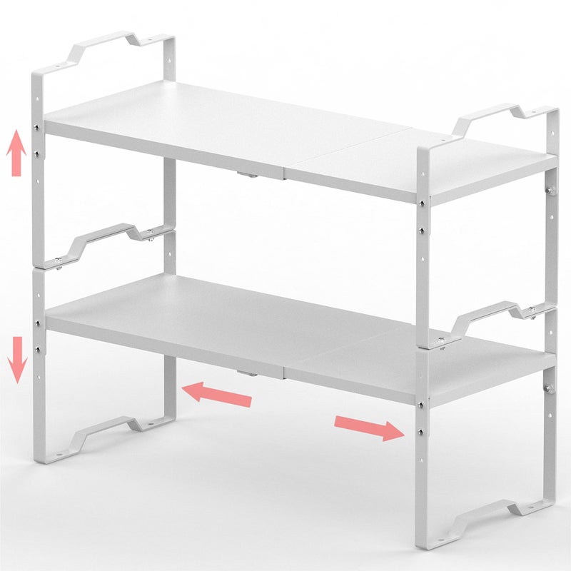 Jojocross Expandable Shelf for Cabinet Organizer Adjustable Stackable Spice Rack at Kitchen and Bathroom More Counter Countertop Cupboard Organization Pantry StorageMEDIUM2PACKSWHITE