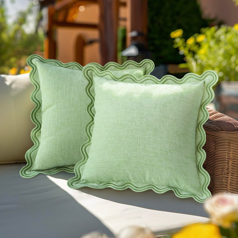 TINYSUN Green Decorative Scalloped Throw Pillow Covers Set of 2, Embroidered Scallop Wavy Design, Premium Chenille Cushion Spring Pillow Cover for Sofa Couch Living Room(Mint Green,18x18 Inch) - Image 2