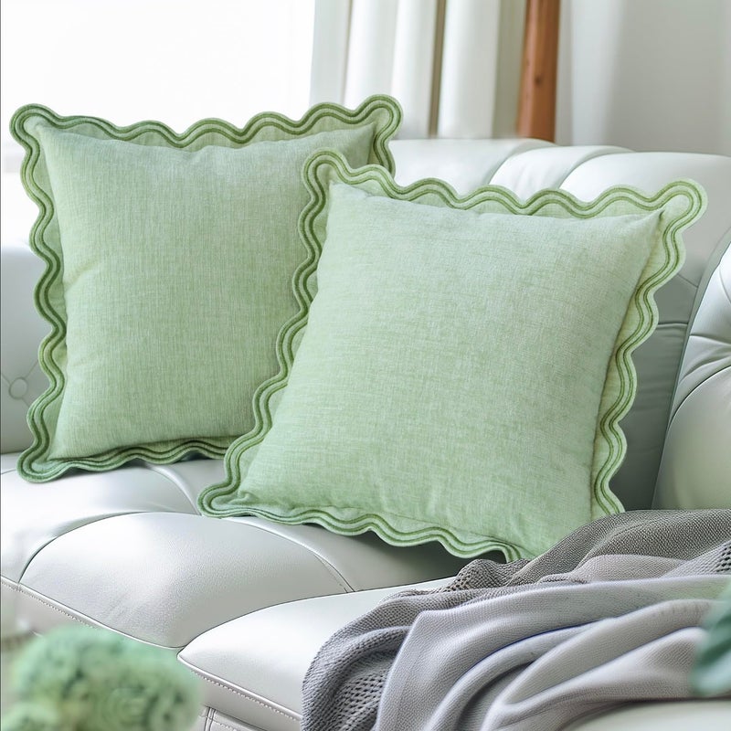 TINYSUN Green Decorative Scalloped Throw Pillow Covers Set of 2, Embroidered Scallop Wavy Design, Premium Chenille Cushion Spring Pillow Cover for Sofa Couch Living Room(Mint Green,18x18 Inch) - Image 1