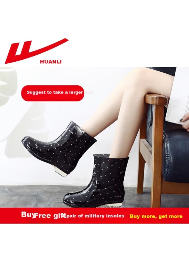 Warrior Women's Mid-calf Waterproof Rain Boots Anti-slip Rubber Shoes Wear-resistant Rain Shoes Hl52s Black Pink Size 38 - Image 1