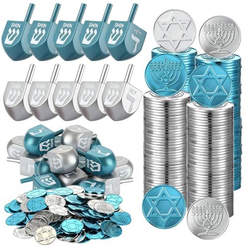 Realspring Hanukkah Gift Set of 200 Pcs Coins and 10 Pcs Wooden Dreidels Gelt Coins Treasure Hunt Treasure Hunt Game Toy Hanukkah Party Supplies Blue and Gray - Image 1