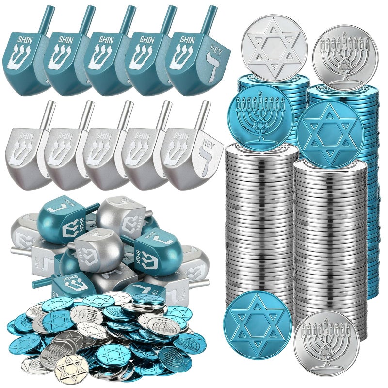 Realspring Hanukkah Gift Set of 200 Pcs Coins and 10 Pcs Wooden Dreidels Gelt Coins Treasure Hunt Treasure Hunt Game Toy Hanukkah Party Supplies Blue and Gray - Image 3