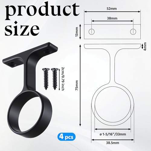 LEIFIDE 4 Pcs 1 516 Inch Diameter Round Wardrobe Closet Rod Suspended Center Support with Installation Screws Curtain Closet Rod Ceiling Mount Bracket for Home Wardrobe Black - Image 3