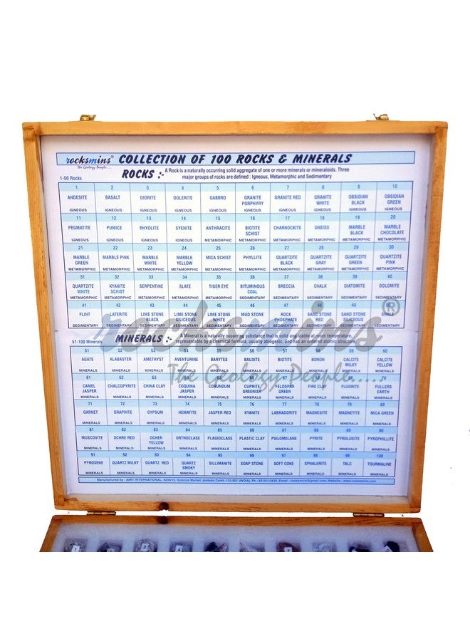 Rocksmins Collection of 100 Rocks & Minerals in a Wooden Box RM100WB Small Specimens of 50 Rocks and 50 Minerals in one kit for Education of Geology Earth Science Kit & Ideal Study of Earth Specimens - Image 2