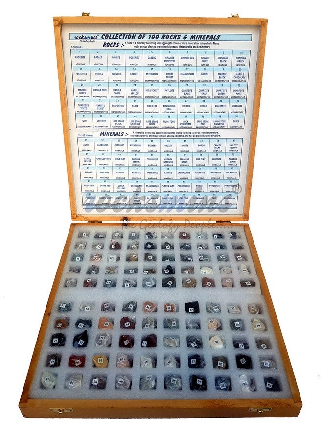 Rocksmins Collection of 100 Rocks & Minerals in a Wooden Box RM100WB Small Specimens of 50 Rocks and 50 Minerals in one kit for Education of Geology Earth Science Kit & Ideal Study of Earth Specimens - Image 1