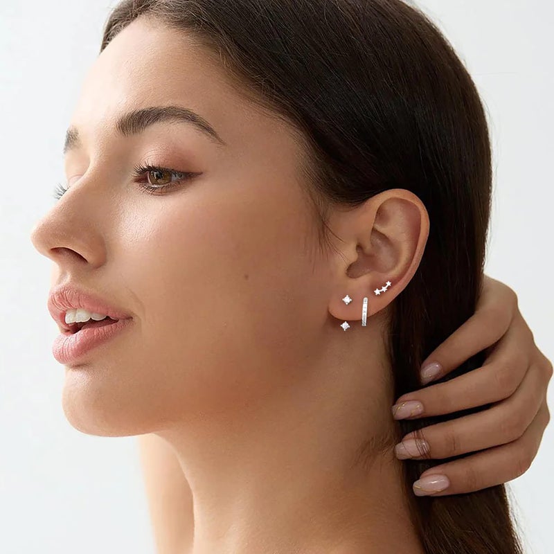 Poxtex Silver Earrings for Women, Silver Stud Huggie Hoop Jacket Cartilage Earring Stacks for Sensitive Ears, Dainty Women Fashion Jewelry Gifts - Image 3